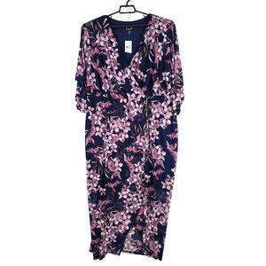 Womens Connected Apparel Navy & Pink Floral Maxi Faux Wrap Dress 3/4 Sleeves 22W